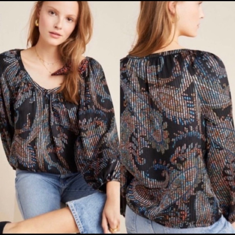 Anthropologie Maeve Madeira Burnout Satin Blouse XS